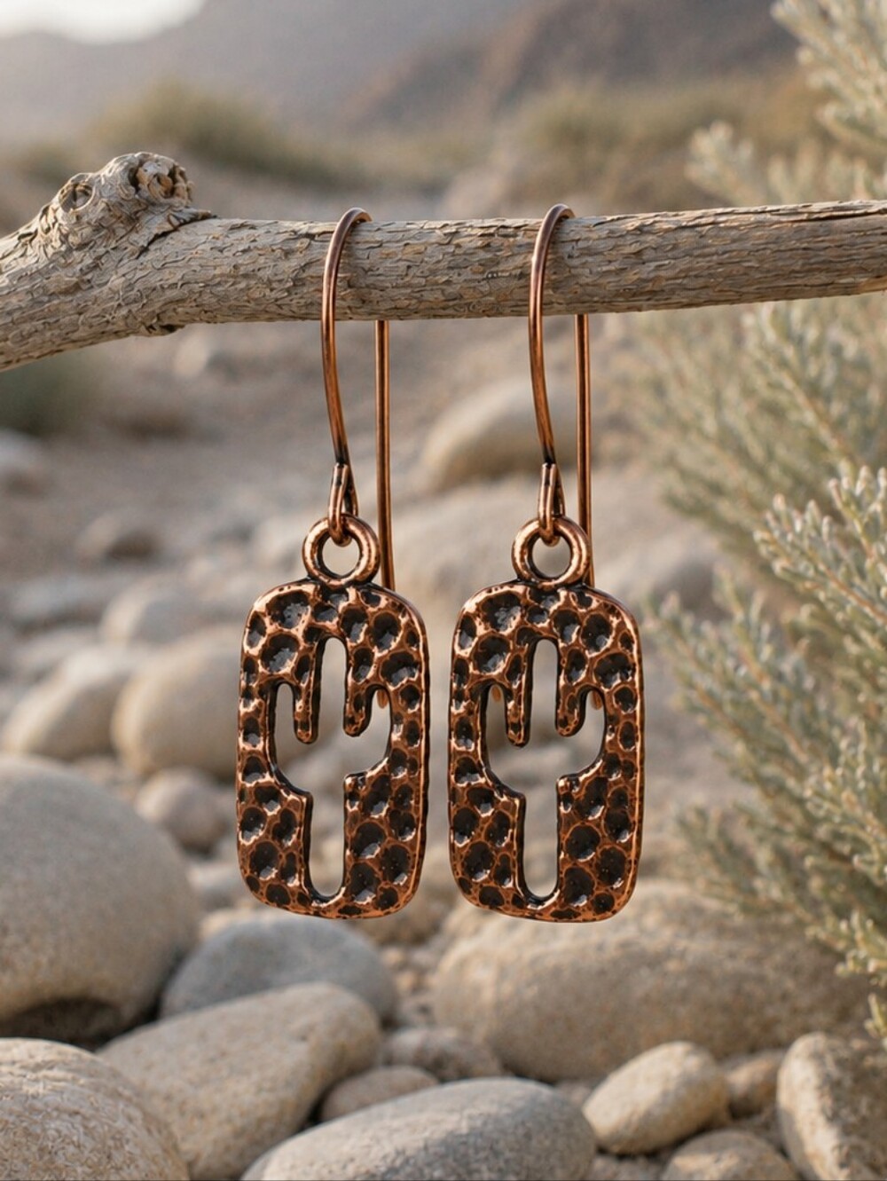 Hammered Copper Cactus Earrings Southwest Desert Hand Crafted
